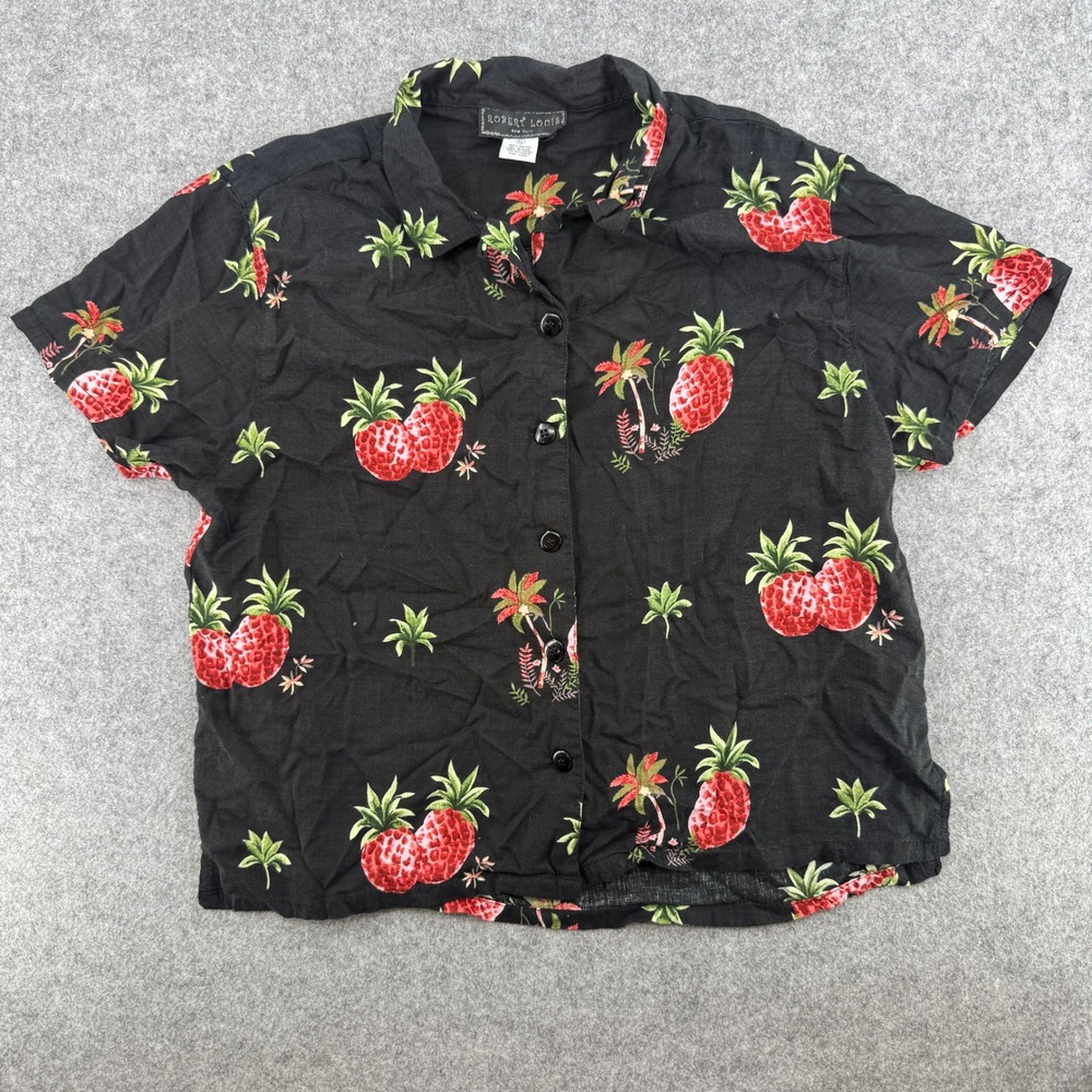 Vintage Black Pineapple Palm Tree Tropical Button Down Robert Louis Shirt Womens